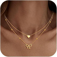Collier double couche en forme de cœur et de papillon plaqué or pour femmes, bijoux pendentif tendance, cadeau