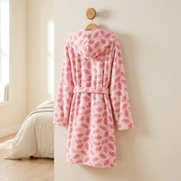 Peignoir thermique respirant en polaire rose clair à imprimé feuilles pour femme, à capuche, avec ceinture, longueur genou, doux, pour la maison, automne-hiver