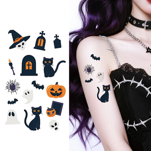 Autocollant de <span class=keywords><strong>tatouage</strong></span> temporaire d'Halloween, <span class=keywords><strong>chat</strong></span> <span class=keywords><strong>noir</strong></span> de dessin animé, <span class=keywords><strong>tatouage</strong></span> imperméable pour <span class=keywords><strong>le</strong></span> visage, <span class=keywords><strong>le</strong></span> bras, <span class=keywords><strong>le</strong></span> corps - Product Image 1