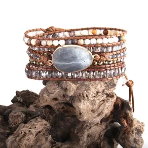 Женский кожаный браслет ручной работы из натурального камня, браслет из бамбукового агата с яшмой и кристаллами далматинской яшмы, браслеты с 5 нитями