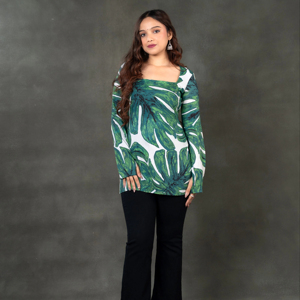 Kurti sin mangas Aanya Palmscape con cuello cuadrado en V, estampado de palmeras tropicales, ropa étnica de verano, de secado rápido, sin arrugas, corte fluido, para fiesta. - Product Image 1