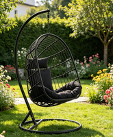 Fauteuil suspendu en rotin noir pour extérieur avec support, chaise balançoire de patio avec coussin pour jardin et balcon