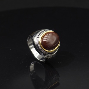 アラビアタイプ925シルバーラウンドレッドナチュラル瑪瑙メンズリングブラックCZ - Product Image 6