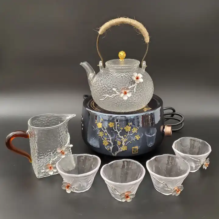 6-Piece Glass Tea Pot Set with 4 Cups Teapot Warmer and Infuser - 2'' H - Clear