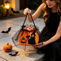 Sac à bonbons Halloween pour enfants, motif sorcière et citrouille, sac à cordon en tissu avec bordure en tulle, cadeau de fête d'Halloween