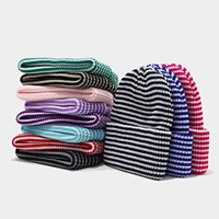 Bonnet en tricot plissé contrastant automne-hiver, rayé, polyvalent, pour couple, décontracté, chaud et ample