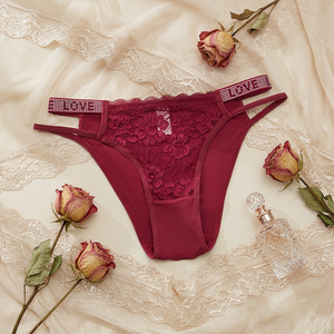 Culotte de bikini en dentelle florale tricotée pour femme, respirante, taille mi-haute, sous-vêtement sexy avec ceinture imprimée LOVE en strass, lingerie intime - Product Image 1