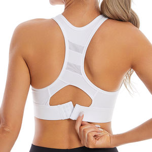 カスタム ロゴ入り レディース スポーツブラ メッシュ切り替え レーサーバック ホック付き 固定カップ ハイインパクト ピラティス ランニング ヨガ 速乾 ジムトップス - Product Image 2