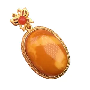 Oval amber pendant /Gold plated ruby pendant