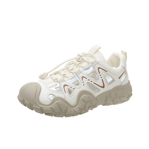 Chaussures de randonnée pour femmes, couleur blanc cassé, à semelle épaisse, style Dad Shoes ajourées, pour l'extérieur, décontractées et sportives, avec sangles croisées, imperméables et à plateforme - Product Image 5