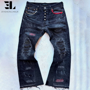 Pantalones Vaqueros LARSUR Personalizados de Fábrica con Apliques Bordados, Estilo Flare, Desgastados, con Remaches y Costuras a Mano, Corte <span class=keywords><strong>Bootcut</strong></span> - Product Image 3