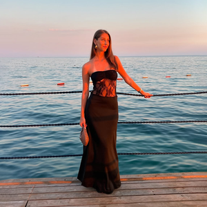 Sang Trọng Thanh Lịch Màu Đen Strapless Ren Paneled Bodycon Satin Phụ Nữ Trang Phục Chính Thức Evening Đảng Wedding Guest <span class=keywords><strong>2025</strong></span> Hợp Thời Trang Dài Ăn Mặc - Product Image 3