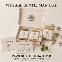 Boîte cadeau d'entreprise en papier semence avec bande décorative et carte de remerciement, style gentleman vintage, boîte personnalisée imprimée et plantable
