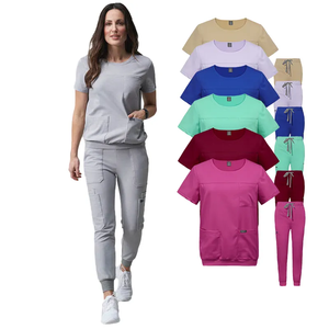 Popular diseño de cuello redondo elegante estiramiento Hospital uniforme médico enfermera Scrubs con conjuntos de pantalones Jogger - Product Image 1