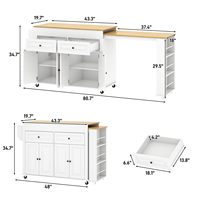 Îlot de cuisine mobile extensible avec table à manger et prise électrique, doté de 2 tiroirs de rangement et de 3 rangées d'étagères ouvertes