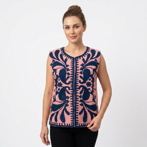 Woman Handmade Breathable Cotrise Suzani Embroidered Jacket Floral Printing Outerwear O-Neck Short Length <b>Covered</b> <b>Button</b> Closure - Product Image 1