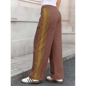 Pantalones Anchos de Mujer Fisoew, Cintura Alta, Rayados, Estilo Palazzo, con Bolsillos, Color Marrón, Transpirables, Estilo Casual - Product Image 3