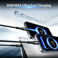 Câble de charge rapide USB Type-C USB-A 3-en-1 66W Max, gaine en nylon tressé PVC, multi-connecteurs TC, cœur en cuivre épais, mobile