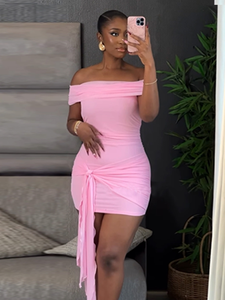 فستان نسائي وردي مكشوف الكتفين وصل حديثًا ، صيفي غير رسمي للشارع المرتفع ، حفلة مثيرة ، خصر ساقط سادة مصبوغ - Product Image 6