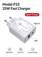 Adaptor Charger 25W Model P33 dengan Port Tipe-C dan USB untuk Ponsel