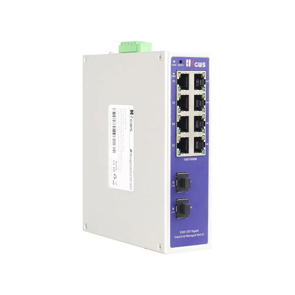 E-Managed 10 พอร์ตเครือข่ายไฟเบอร์สวิทช์ 8*10/100/1000M RJ45 พอร์ต 2 กิกะบิต SFP สล็อตสนับสนุน VLAN แหวนการจัดการเครือข่าย