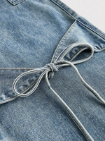 Jean cargo en denim délavé taille haute pour femme, style Y2K, coupe large droite, avec nœud, streetwear vintage uni