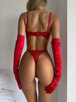 Ensemble de lingerie en satin rouge de luxe, 3 pièces, soutien-gorge et string à nœud sur le devant, avec longues manches pour femmes, lingerie intime sexy