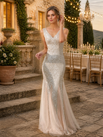 Robe de soirée sirène argentée à sequins, col en V, sans manches, avec empiècement en mousseline transparente et traîne, pour soirée formelle, vente en gros