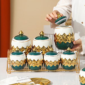 Bắc Âu ánh sáng sang trọng gia vị hộp thiết lập nhà bếp vàng rim gia vị Jart gốm lưu trữ con dấu Jar với bìa - Product Image 3