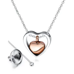 SC New Design Stainless Steel Memory Jewelry Rose Gold Double Heart Cremation Urn Necklace For Ashes
