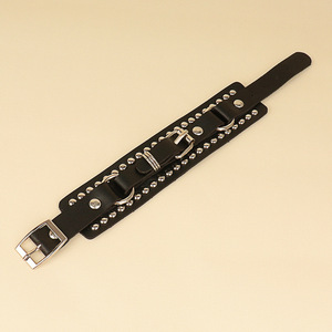 New Punk Black Punk Gothic Rock Black Two Row Spikes Rivet Leather Cuff Bracelet <strong>Wristbands</strong> Charm Unisex <strong>Bangle</strong> - Product Image 4