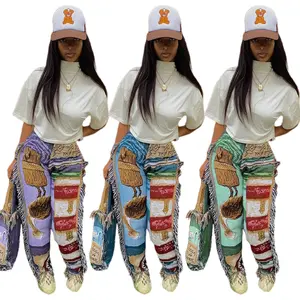 2024 nuovi arrivi pantaloni larghi con nappe stampate etniche alla moda da donna pantaloni con frange Casual da donna con stile elasticizzato