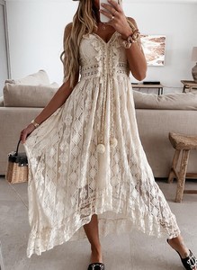 TW Lace Suspender Large Hem Smock Color sólido Vestido largo Traje de baño de playa Bikini Cover up - Product Image 4