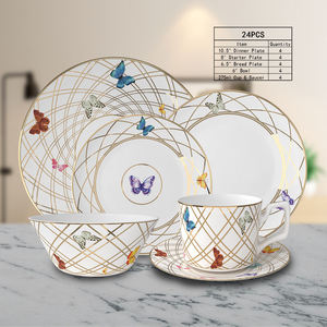 New Design Butterfly Gold Rim Ceramic Plate Bone China <b>Dinnerware</b> <b>Set</b> with Dessert & Bread Flat Plate 20/24 Pcs INS Style - Product Image 2