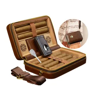 Atacado Cedar Wood Pu Leather Cigar Case Isqueiro Com Charuto Acessórios Gift Set Charuto Viagem Humidor