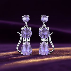 Boucles d'oreilles pendantes pour femme E3826 en argent 925 avec améthyste, motif chat, serti griffe, bijoux en cristal mignons en forme d'animal, pour usage quotidien - Product Image 2