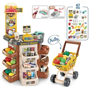Casa interior de plástico para niños, juguete de juego de supermercado con carrito SL10D129, 47 Uds.