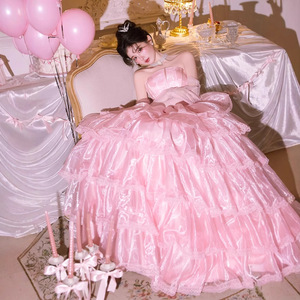 Strapless Pink Satin Ball <b>Gown</b> Dress Empire Waistline Vintage Style For <b>Birthday</b> Party <b>Photoshoots</b> - Product Image 2