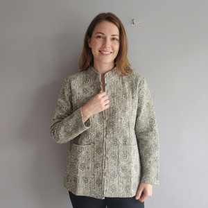 Veste en coton matelassée à col mandarin pour femme, motif floral patchwork, en tissu tricoté respirant et écologique, vêtement d'extérieur décontracté pour l'automne - Product Image 1