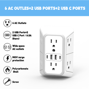 ปลั๊กไฟติดผนัง 6 ช่อง พร้อมพอร์ตชาร์จ USB (รวม 4.8A) ป้องกันไฟกระชาก 15A กระแสไฟฟ้า 2 พอร์ต USB-A - Product Image 2