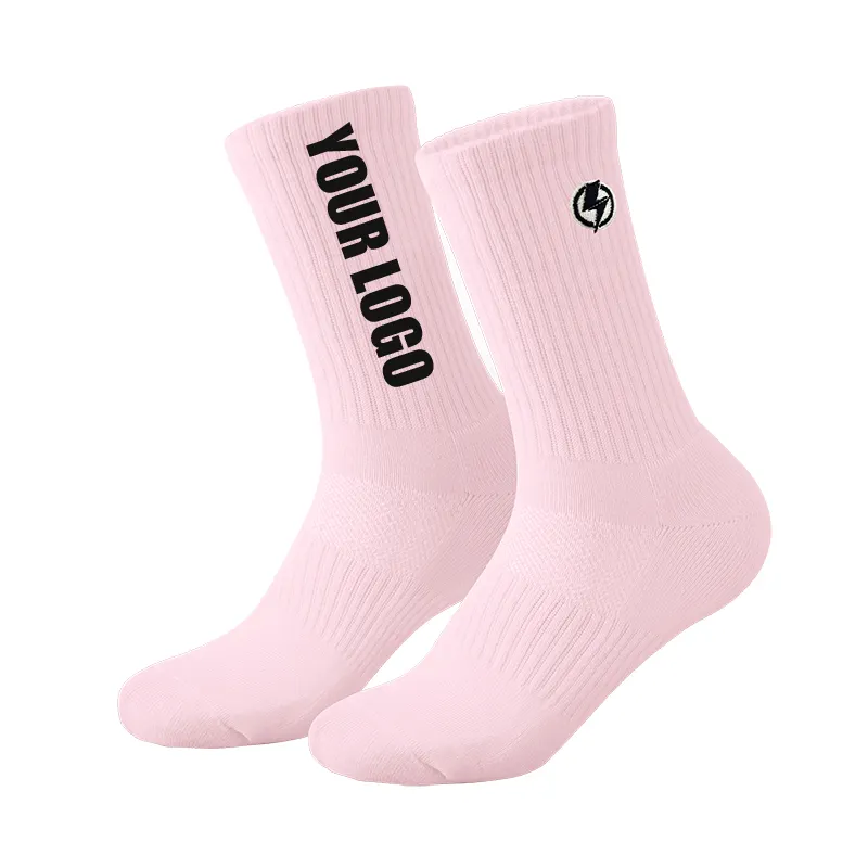 Pink Sports Crew Customized Towel Foot Padded Cushion Socks With Logo Embroidery Terry Colorful Cotton Socks