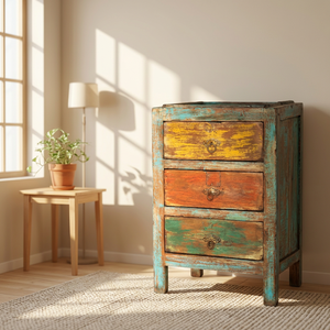 Vintage <b>Rustic</b> Reclaimed Indian Solid Wood <b>Bedside</b> Neightstands Small Storage 3 Drawers <b>Table</b> For Bedroom Living Room Farmhouse - Product Image 2