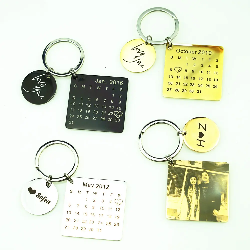 Neue Mode Edelstahl Kalender Schlüssel bund graviert mit Valentinstag Datum lieben Sie Schlüssel anhänger
