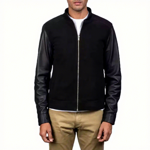 Mens Real <b>Suede</b> <b>Leather</b> <b>Jacket</b> Black <b>Leather</b> Sleeves Zip Front Stand Collar Sheepskin Bomber Coat Custom Hybrid Smart Outerwear - Product Image 1