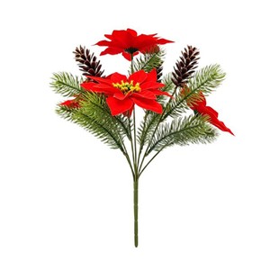 Flor de Poinsettia Artificial de una Sola Rama, Plástico Rojo con Piñas y Ramas para Decoraciones de Escritorio - Product Image 4