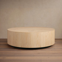 Table basse ronde artisanale américaine vintage, table centrale avec piétement en chêne patiné, ensemble de table basse style RH en bois de moka