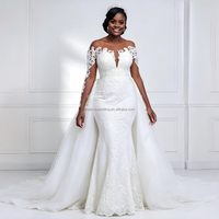 Robe de mariée personnalisée, nouveau style, en dentelle, manches longues, col en V profond, coupe sirène, avec traîne détachable