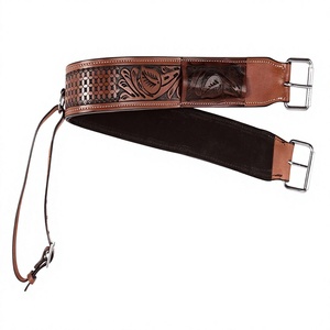 Western <b>Leather</b> Horse Saddle Girth With Buckle Closure And Floral <b>Tooling</b> For Riding - Product Image 1
