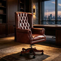 Fauteuil de direction en cuir pleine fleur de style américain, accoudoirs, structure en bois, poignées classiques, finition vieillie, réglable en hauteur