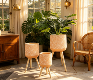 Botanical Leaf Embossed Standing Planter <b>Set</b> of 3 with Tripod Wooden Legs, Weather Resistant Decorative Plant Pot for <b>Home</b> Hotel - Product Image 2